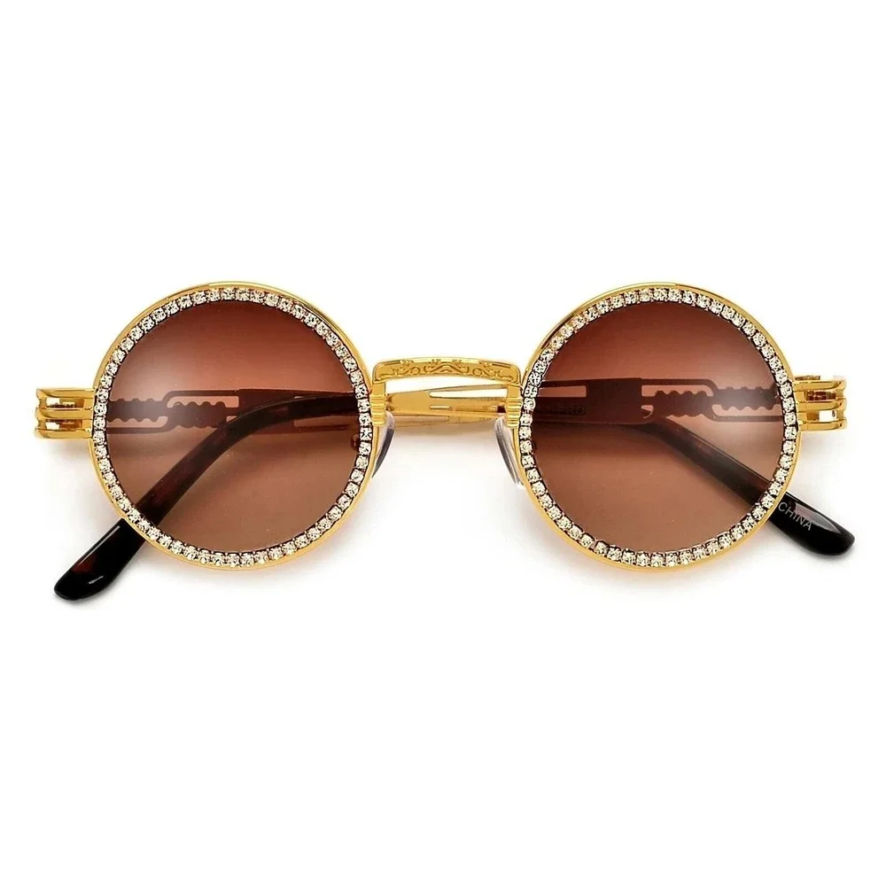 Rhinestone Sunglasses Round Gold Frame Brown Lens Men's Fashion Retro Luxury New